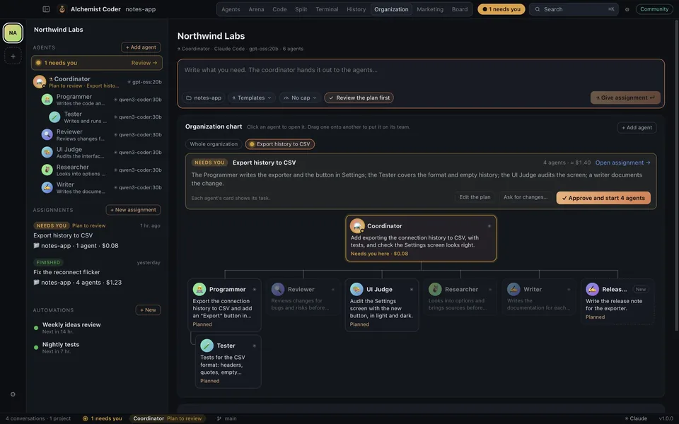Alchemist Coder: a main agent with its subagents and conversation history